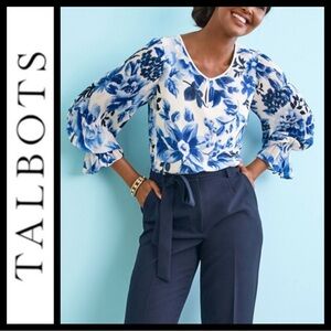 Talbots Blue Floral Pleat Sleeve Blouse